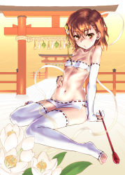 Rule 34 | 1girl, alternate costume, arm at side, arm support, arrow (projectile), barefoot, blush, breasts, brown eyes, brown hair, collarbone, colored skin, detached sleeves, eyebrows, flower, full body, hagoromo, hair between eyes, hair flower, hair ornament, hand on own stomach, microphone, misaka mikoto, multiple torii, navel, no shoes, nontraditional miko, pout, raika9, railing, revealing clothes, ribbon-trimmed clothes, ribbon-trimmed legwear, ribbon-trimmed skirt, ribbon-trimmed sleeves, ribbon trim, ribs, rope, see-through, shawl, shide, shimenawa, short shorts, shorts, side slit, sitting, skirt, sleeves past wrists, small breasts, solo, stomach, strapless, string, striped, thighhighs, toaru kagaku no railgun, toaru majutsu no index, toeless legwear, toes, torii, tube top, underboob, wariza, white flower, white skin, white skirt, white thighhighs, white tube top