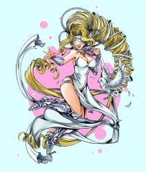 Rule 34 | 1girl, absurdly long hair, armpits, bad tag, blindfold, blonde hair, boots, breasts, cleavage, digimon, digimon (creature), highres, jewelry, large breasts, long hair, necklace, o-ring, olympos xii, tagme, venusmon, very long hair