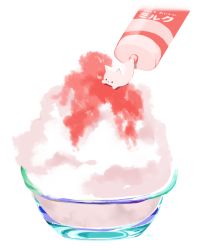 Rule 34 | animal, bowl, cat, chai (drawingchisanne), commentary request, condensed milk, dessert, food, food focus, glass, glass bowl, no humans, on food, original, shaved ice, signature, squeeze bottle, syrup, translation request, undersized animal, white background