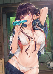 Rule 34 | 1girl, arm up, black hair, blue skirt, blush, bottle, bra, breasts, building, cleavage, clothes pull, collarbone, cowboy shot, day, highres, holding, holding bottle, ikeda yasuhiro, incense burner, kayari buta, large breasts, long hair, looking at viewer, navel, off shoulder, open bra, open clothes, open mouth, open shirt, original, outdoors, panties, pleated skirt, red eyes, school uniform, see-through, serafuku, shirt, short sleeves, skirt, skirt pull, smoke, stomach, thigh gap, tongue, tongue out, underwear, wet, wet clothes, wet shirt, white bra, white panties