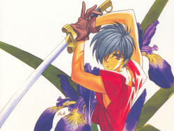 Rule 34 | 1990s (style), 1boy, brown gloves, flower, from side, gloves, hair over one eye, highres, holding, holding sword, holding weapon, male focus, retro artstyle, scan, solo, sword, tenkuu no escaflowne, upper body, van fanel, weapon, white background, yuuki nobuteru