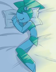 Rule 34 | 1girl, android, bed, dress, closed eyes, from above, jenny wakeman, joints, lying, my life as a teenage robot, on side, open mouth, pillow, robot joints, sleeping, solo