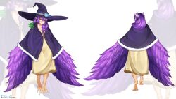 Rule 34 | 1girl, bird legs, black cape, black headwear, braid, cape, commentary, commission, dress, english commentary, feather hair, feathered wings, feathers, fur-trimmed cape, fur trim, goggles, goggles on headwear, green eyes, harpy, hat, heterochromia, highres, likunea, long hair, monster girl, multiple views, original, patreon username, pointy ears, purple feathers, purple wings, red-framed eyewear, semi-rimless eyewear, single braid, smile, talons, twitter username, white background, winged arms, wings, witch hat, yellow dress, yellow eyes, zoom layer