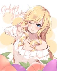 Rule 34 | 1girl, bare shoulders, blue eyes, blush, breasts, cleavage, collarbone, commentary request, food, fruit, happy birthday, heart, idolmaster, idolmaster cinderella girls, jiino, large breasts, long hair, long sleeves, looking at viewer, off shoulder, ohtsuki yui, one eye closed, peach, sleeves past wrists, smile, solo, sweater, tongue, tongue out, w, wavy hair, white sweater