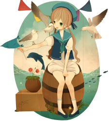 Rule 34 | 1girl, ayu (mog), bad id, bad pixiv id, barrel, bird, blush, box, brown hair, dolphin, flag, flower, green eyes, hat, long hair, open mouth, original, plant, post, potted plant, ruchiru, seagull, sitting, smile, solo, twintails