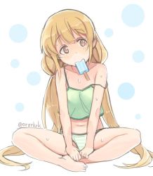 Rule 34 | 10s, 1girl, bad id, bad twitter id, barefoot, blonde hair, brown eyes, camisole, eating, food, futaba anzu, idolmaster, idolmaster cinderella girls, indian style, long hair, mouth hold, navel, panties, popsicle, rkrk, sitting, solo, strap slip, striped clothes, striped panties, sweat, twintails, twitter username, underwear, underwear only, very long hair