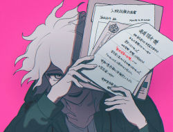 Rule 34 | 1boy, :d, bad id, bad pixiv id, brown eyes, collarbone, commentary request, danganronpa (series), danganronpa 2: goodbye despair, green jacket, grey hair, hands up, harami (qz48lr), highres, jacket, komaeda nagito, long sleeves, male focus, messy hair, open clothes, open jacket, open mouth, paper, pink background, print shirt, shirt, simple background, smile, solo, teeth, translation request, upper teeth only