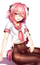 Rule 34 | 1boy, androgynous, astolfo (fate), astolfo (sailor paladin) (fate), black bow, black legwear, bow, braid, bulge, crossdressing, fang, fate/apocrypha, fate (series), hair intakes, hair ribbon, heart, heart-shaped pupils, highres, looking at viewer, male focus, multicolored hair, no pants, official alternate costume, one eye closed, open mouth, pantyhose, pink hair, purple eyes, ribbon, silly (marinkomoe), single braid, smile, streaked hair, symbol-shaped pupils, thighband pantyhose, trap