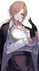Rule 34 | 1girl, :o, absurdres, adjusting clothes, adjusting gloves, black gloves, black jacket, black skirt, breasts, collared shirt, dress shirt, gloves, gold necklace, hair between eyes, highres, huge breasts, jacket, jacket on shoulders, jewelry, light brown hair, long hair, long sleeves, looking at viewer, low ponytail, miniskirt, necklace, nijisanji, nui sociere, nui sociere (9th costume), pencil skirt, shiro marimo, shirt, simple background, skirt, solo, virtual youtuber, white background, white shirt, yellow eyes