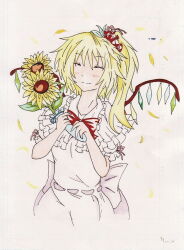 Rule 34 | 1girl, alternate costume, back bow, bad id, bad pixiv id, blonde hair, bouquet, bow, bowtie, closed eyes, closed mouth, cowboy shot, dress, flandre scarlet, flower, frilled shirt collar, frills, hakoiri tomoe, happy, holding, holding bouquet, large bow, light smile, multicolored wings, no headwear, one side up, puffy short sleeves, puffy sleeves, red bow, red bowtie, ribbon-trimmed dress, short sleeves, simple background, solo, sunflower, touhou, white background, white dress, wings, yellow flower