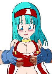 Rule 34 | 1boy, 1girl, blue eyes, blue hair, bra (dragon ball), breasts, dragon ball, dragon ball gt, father and daughter, grabbing, highres, incest, large breasts, long hair, medium breasts, open mouth, source request, vegeta, yamamoto doujin
