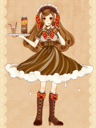 Rule 34 | 1girl, boots, bow, breasts, brown eyes, brown hair, corset, cross-laced footwear, dress, drinking, drinking straw, full body, glass, hair ribbon, high heel boots, high heels, highres, izumi (maiko), knee boots, lace-up boots, long hair, maid headdress, mascot, milk carton, original, personification, pinky out, product girl, ribbon, solo, tray, twintails, yukico-tan, yukijirushi