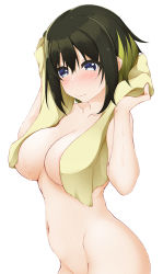 Rule 34 | 1girl, akashi maho, ass, bare shoulders, blue eyes, blush, breasts, closed mouth, collarbone, d4dj, hinata masaki, large breasts, multicolored hair, navel, nude, out-of-frame censoring, short hair, simple background, solo, standing, tagme, towel, towel around neck, towel over breasts, wet, white background