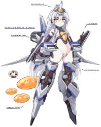 Rule 34 | &gt; &lt;, 1girl, :o, ass, brown gloves, brown thighhighs, closed eyes, collarbone, commentary request, crotch plate, elbow gloves, english text, flying sweatdrops, full body, gloves, gradius, grey hair, groin, hair between eyes, headgear, highres, karukan (monjya), long hair, mecha musume, multiple views, navel, parted lips, revealing clothes, simple background, slime (creature), thighhighs, very long hair, vic viper, white background, yellow eyes, | |