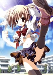 Rule 34 | 1girl, :o, absurdres, ankle boots, black thighhighs, blue sky, boots, brown footwear, brown hair, building, day, highres, inugami kira, kicking, legs, looking at viewer, midriff, navel, open mouth, outdoors, red eyes, school, school uniform, shoes, sky, solo, tareme, thighhighs, two side up
