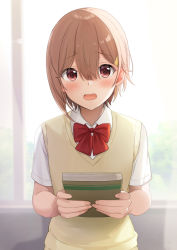 Rule 34 | 1girl, azuki yui, blurry, blurry background, blush, book, bow, bowtie, brown eyes, brown hair, collared shirt, embarrassed, hair between eyes, hair ornament, hairclip, highres, holding, holding book, looking at viewer, open mouth, original, red bow, red bowtie, school uniform, shirt, short hair, short sleeves, solo, upper body, white shirt