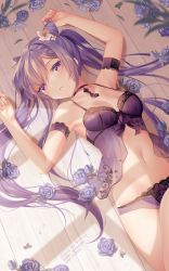 Rule 34 | 1girl, armpits, arms up, artist name, babydoll, bare shoulders, blurry, blurry foreground, braid, breasts, choker, crossed legs, day, floral print, flower, genshin impact, hair between eyes, hair flower, hair ornament, keqing (genshin impact), lingerie, long hair, looking at viewer, lying, medium breasts, navel, on back, on floor, panties, parted lips, pixiv username, purple eyes, purple flower, purple hair, purple panties, purple ribbon, purple rose, ribbon, rimuu, rose, shadow, single braid, solo, sunlight, symbol-shaped pupils, twintails, twitter username, underwear, underwear only, white flower, wooden floor