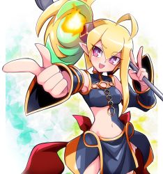 Rule 34 | 1girl, ahoge, black dress, black sleeves, blonde hair, breasts, commentary, detached sleeves, dress, duel monster, fire, fire hair ornament, green hair, hair ornament, highres, holding, holding staff, looking at viewer, medium breasts, midriff, navel, open mouth, purple eyes, sevens road witch, side ponytail, staff, usoco, v, yu-gi-oh!, yu-gi-oh! sevens