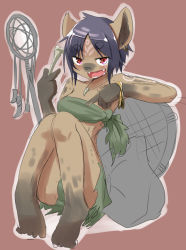 Rule 34 | 1girl, black hair, copyright request, female focus, full body, furry, furry female, hyena, looking at viewer, open mouth, peruri (derimono0), red eyes, short hair, sitting, skirt, solo