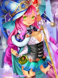 Rule 34 | 1girl, bell, blush, breasts, cape, corset, dress, furyou michi ~gang road~, garter straps, green eyes, hat, holding, jairou, long hair, looking at viewer, original, pink hair, skirt, smile, solo, staff, thighhighs, watermark, witch hat