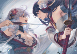 Rule 34 | 2girls, ahoge, armpits, arrow (projectile), asymmetrical sleeves, black hair, blue kimono, breasts, character request, cleavage, commentary request, counter arms, flower, hair between eyes, hair flower, hair ornament, highres, holding, holding arrow, holding sword, holding weapon, japanese clothes, katana, kimono, large breasts, long sleeves, looking at another, mashuu (neko no oyashiro), medium breasts, mismatched sleeves, multiple girls, off shoulder, open mouth, parted lips, red eyes, red flower, sweat, sword, tears, upper body, weapon, white flower, white hair, wide sleeves