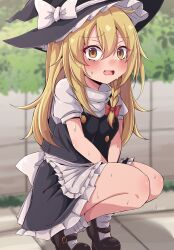 1girl apron black_shoes black_skirt black_vest blonde_hair blurry blurry_background blush bow braid commentary_request frilled_apron frilled_hat frilled_skirt frills full_body hair_between_eyes hair_bow hat hat_bow have_to_pee highres kirisame_marisa long_hair looking_at_viewer open_mouth outdoors puffy_short_sleeves puffy_sleeves red_bow shirt shoes short_sleeves single_braid siw0n skirt skirt_set socks solo squatting sweat textless_version touhou trembling turtleneck turtleneck_shirt vest waist_apron white_apron white_bow white_hat white_shirt white_socks