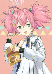 Rule 34 | 1girl, 8sets, ahoge, artist name, bag of chips, blue archive, blue necktie, chips (food), collarbone, dress, food, green eyes, halo, highres, holding, holding food, horns, jacket, long sleeves, looking at viewer, medium hair, momoka (blue archive), necktie, open mouth, pink hair, pocket, pointy ears, potato chips, sleeveless, sleeveless dress, solo, twintails, twitter username, upper body, watermark, white dress, white jacket