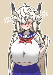Rule 34 | 1girl, acesrulez, alternate costume, anger vein, blue skirt, blush, clenched hand, commentary request, cowgirl position, closed eyes, full-face blush, hair over one eye, hair tie, kemono friends, long hair, midriff peek, navel, neckerchief, nose blush, ox ears, ox girl, ox horns, pleated skirt, red neckerchief, sailor collar, school uniform, serafuku, shirt, skirt, solo, straddling, sweatdrop, twintails, white hair, white shirt, yak (kemono friends)