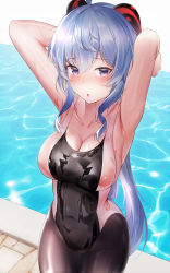 Rule 34 | 1girl, :o, ahoge, armpits, arms up, bare arms, bare shoulders, black one-piece swimsuit, black pantyhose, blue hair, blush, breasts, cleavage, collarbone, competition swimsuit, covered navel, cowboy shot, crossed bangs, ganyu (genshin impact), genshin impact, goat horns, highres, horns, large breasts, looking at viewer, one-piece swimsuit, outdoors, pantyhose, pantyhose under swimsuit, parted lips, pool, purple eyes, revision, shirosaba, solo, swimsuit, wet