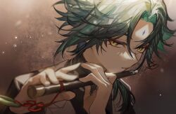 1boy bishounen black_hair black_shirt commentary_request dizi eyeshadow facial_mark flute forehead_mark genshin_impact green_hair hair_between_eyes highres holding holding_instrument instrument long_sleeves looking_at_viewer makeup male_focus multicolored_hair official_alternate_costume red_eyeshadow shirt signature simple_background solo transverse_flute upper_body vest white_vest xiao_(genshin_impact) yellow_eyes zaso