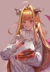 Rule 34 | 1girl, absurdres, ahoge, alternate costume, black hairband, blonde hair, blush, bow, box, casual, chocolate, commentary, diagonal-striped bow, dokuro deluxe, dragon girl, dragon horns, dragon tail, english commentary, fang, food, hairband, high collar, highres, holding, holding box, holding chocolate, holding food, hololive, horn bow, horn ornament, horns, kiryu coco, long hair, long sleeves, looking at viewer, multicolored eyes, multicolored hair, orange hair, pointy ears, purple eyes, red eyes, scales, simple background, skin fang, solo, streaked hair, striped, striped bow, sweater, tail, tongue, tongue out, upper body, virtual youtuber