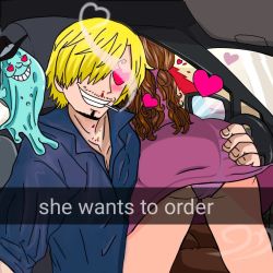Rule 34 | 1boy, 1girl, 1other, ass, ass grab, breasts, car interior, charlotte pudding, cleavage, english text, fake phone screenshot, fake screenshot, grabbing another&#039;s ass, he wants to order (meme), huge breasts, large breasts, meme, nitro (one piece), one piece, sanji (one piece), smile, snapchat
