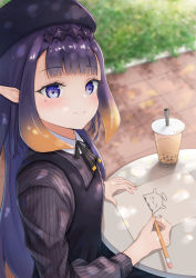 Rule 34 | 1girl, beret, bubble tea, bush, cup, dappled sunlight, day, disposable cup, drawing, drinking straw, eyelashes, halo, hanefuro, hat, highres, hololive, hololive english, looking at viewer, looking up, mole, mole under eye, ninomae ina&#039;nis, ninomae ina&#039;nis (casual), official alternate costume, outdoors, paper, pencil, pointy ears, purple eyes, purple hair, sidelocks, smile, solo, sunlight, table, takodachi (ninomae ina&#039;nis), tile floor, tiles, virtual youtuber