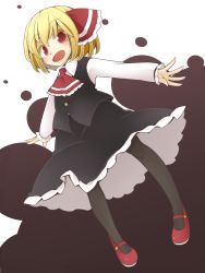 Rule 34 | 1girl, :d, bad anatomy, bad hands, blonde hair, fang, frilled skirt, frills, hair ribbon, highres, jagabutter, open mouth, pantyhose, poorly drawn, red eyes, ribbon, rumia, shirt, short hair, skirt, smile, solo, touhou, vest
