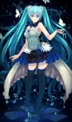 Rule 34 | 1girl, 7th dragon (series), 7th dragon 2020, ahoge, aqua hair, bad id, bad pixiv id, beamed quavers, black thighhighs, blue eyes, bug, butterfly, choker, dead line, hatsune miku, highres, insect, long hair, musical note, quaver, sharp sign, sheet music, sleeveless, solo, staff (music), thighhighs, treble clef, twintails, very long hair, vocaloid