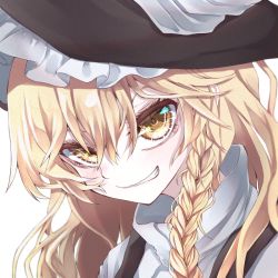 Rule 34 | 1girl, black vest, blonde hair, braid, hair between eyes, hat, head tilt, high collar, kirisame marisa, long hair, looking at viewer, shaded face, shirt, sidelighting, simple background, single braid, sneer, solo, touhou, transparent background, tsune (tune), upper body, very long hair, vest, white background, white shirt, witch hat, yellow eyes