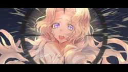 Rule 34 | 1girl, blonde hair, code geass, collarbone, completely nude, crying, crying with eyes open, floating hair, highres, letterboxed, long hair, looking at viewer, nude, nunnally vi britannia, open mouth, purple eyes, solo, sumi otto, tears, upper body, very long hair, vocaloid