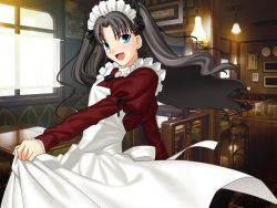 Rule 34 | 1girl, alternate costume, apron, black hair, blush, brooch, cosplay, dress, fate/stay night, fate (series), female focus, green eyes, happy, headdress, indoors, jewelry, long dress, long hair, long skirt, maid, maid apron, open mouth, restaurant, skirt, smile, solo, tohsaka rin, twintails