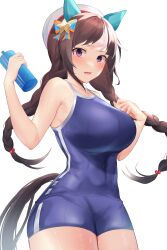 Rule 34 | 1girl, absurdres, bare shoulders, blue one-piece swimsuit, blush, bottle, bow, braid, breasts, brown hair, commentary request, competition school swimsuit, cowboy shot, ear bow, ear covers, highres, hokko tarumae (umamusume), holding, holding bottle, large breasts, long hair, low twin braids, multicolored hair, one-piece swimsuit, open mouth, purple eyes, school swimsuit, simple background, solo, streaked hair, striped bow, swimsuit, tracen swimsuit, twin braids, umamusume, very long hair, water bottle, wet, wet clothes, wet swimsuit, white background, white hair, white headwear, yomesuket