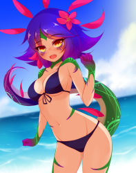 Rule 34 | 1girl, :d, animal ears, ayatori (aytr), bare arms, bare shoulders, beach, bikini, blue hair, blue sky, blush, breasts, cleavage, cloud, collarbone, commentary request, cowboy shot, day, fang, flower, front-tie bikini top, front-tie top, gradient hair, hair flower, hair ornament, hand up, hibiscus, highres, league of legends, lizard tail, looking at viewer, medium breasts, medium hair, monster girl, multicolored hair, navel, neeko (league of legends), ocean, open mouth, orange eyes, outdoors, purple bikini, purple hair, reptile girl, sky, slit pupils, smile, solo, standing, swimsuit, tail, two-tone hair, vastaya