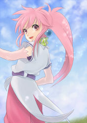 Rule 34 | 1girl, arche klein, bad id, bad pixiv id, blue background, earrings, eiri (gb-delta), jewelry, long hair, pants, pink eyes, pink hair, pink pants, ponytail, smile, solo, souseki556, tales of (series), tales of phantasia