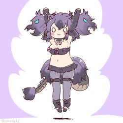 Rule 34 | 1girl, animal ears, arms up, belt, boots, cerberus (kemono friends), choker, coroha, dog ears, dog girl, elbow gloves, extra ears, fingerless gloves, full body, gloves, jumping, kemono friends, long hair, looking at viewer, navel, pantyhose, purple background, purple hair, shorts, simple background, sleeveless, solo, strapless, tail, tube top
