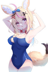 Rule 34 | 1girl, absurdres, ahoge, animal ears, arms behind head, arms up, blonde hair, braid, breasts, cleavage, colored inner hair, covered erect nipples, covered navel, cowboy shot, curvy, detached collar, facial mark, fox ears, fox girl, fox tail, hair ornament, hair over shoulder, hairclip, highres, hololive, liyaku, long hair, medium breasts, multicolored hair, omaru polka, one-piece swimsuit, pink hair, purple eyes, side braid, sideboob, simple background, sketch, solo, streaked hair, swimsuit, symbol-shaped pupils, tail, virtual youtuber, white background, wide hips, wing collar, x hair ornament