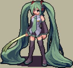 Rule 34 | 1girl, absurdly long hair, black skirt, black sleeves, black thighhighs, blue hair, blue necktie, boots, breasts, collared shirt, commentary request, d-01, detached sleeves, food, full body, green background, grey shirt, hatsune miku, holding, holding food, holding spring onion, holding vegetable, long hair, lowres, medium breasts, miniskirt, necktie, open mouth, pixel art, shirt, simple background, skirt, solo, spring onion, standing, thigh boots, thighhighs, twintails, vegetable, very long hair, vocaloid
