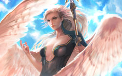 Rule 34 | 1girl, absurdres, adapted costume, alternate costume, alternate hairstyle, alternate wings, angel wings, blue eyes, blue sky, bodysuit, breasts, collarbone, day, expressionless, feather hair, feathered wings, hair ornament, highres, holding, holding staff, katie alexander, lips, long hair, medium breasts, mercy (overwatch), outdoors, overwatch, overwatch 1, realistic, short sleeves, sky, solo, staff, upper body, wings