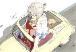 Rule 34 | 1girl, animal, aspara, barefoot, bird, bird request, box, car, eyebrows, food, from above, grey eyes, grey hair, looking at viewer, map, motor vehicle, mouth hold, off shoulder, original, outdoors, overalls, ponytail, sandwich, shirt, short hair, sitting, solo, t-shirt, tissue box, vehicle, white shirt