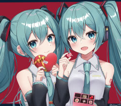 Rule 34 | 2girls, aqua eyes, aqua hair, aqua nails, aqua necktie, bare shoulders, black sleeves, box, box of chocolates, candy, chocolate, chocolate heart, clone, collarbone, commentary, detached sleeves, food, furrowed brow, grey shirt, hair ornament, happy valentine, hatsune miku, headphones, heart, heart-shaped box, highres, holding, holding box, holding chocolate, holding food, light blush, long hair, looking at viewer, multiple girls, nail polish, necktie, noneon319, open mouth, red background, shirt, shoulder tattoo, sleeveless, sleeveless shirt, smile, tattoo, twintails, twitter username, upper body, valentine, vocaloid