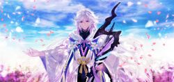 Rule 34 | 1boy, bishounen, blue eyes, blue sky, cloud, cloudy sky, fate/grand order, fate (series), hair between eyes, highres, holding, holding staff, long hair, looking at viewer, male focus, merlin (fate/stay night), outdoors, parted lips, petals, robe, shutsuri, silver hair, sky, smile, solo, staff, very long hair