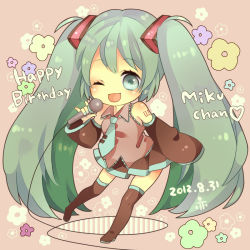 Rule 34 | 10s, 1girl, 2012, boots, character name, chibi, dated, detached sleeves, green eyes, green hair, happy birthday, hatsune miku, long hair, m/, mata, matching hair/eyes, microphone, necktie, one eye closed, open mouth, skirt, solo, thigh boots, thighhighs, twintails, very long hair, vocaloid, wink