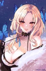 Rule 34 | 1girl, artist name, bare shoulders, black gloves, black kimono, blonde hair, blue ribbon, blush, breasts, brown eyes, bug, butterfly, cleavage, coat, collarbone, fur-trimmed coat, fur-trimmed kimono, fur trim, gloves, goddess of victory: nikke, hair ribbon, highres, insect, japanese clothes, kimono, large breasts, long hair, looking at viewer, ludmilla (nikke), ludmilla (winter owner) (nikke), nekoponart, official alternate costume, orange eyes, parted bangs, parted lips, ribbon, smile, solo, two-tone kimono, upper body, white kimono